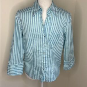 At Last Light Blue Striped Cotton Button Down Shirt Buckle Cuffs. Large